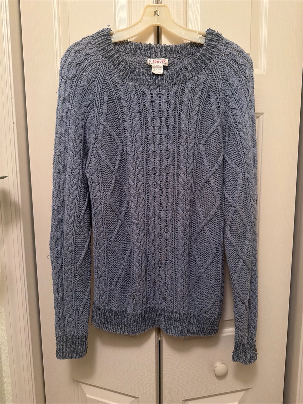 Vintage Orvis Men's Sky Blue Cable Crewneck Sweater